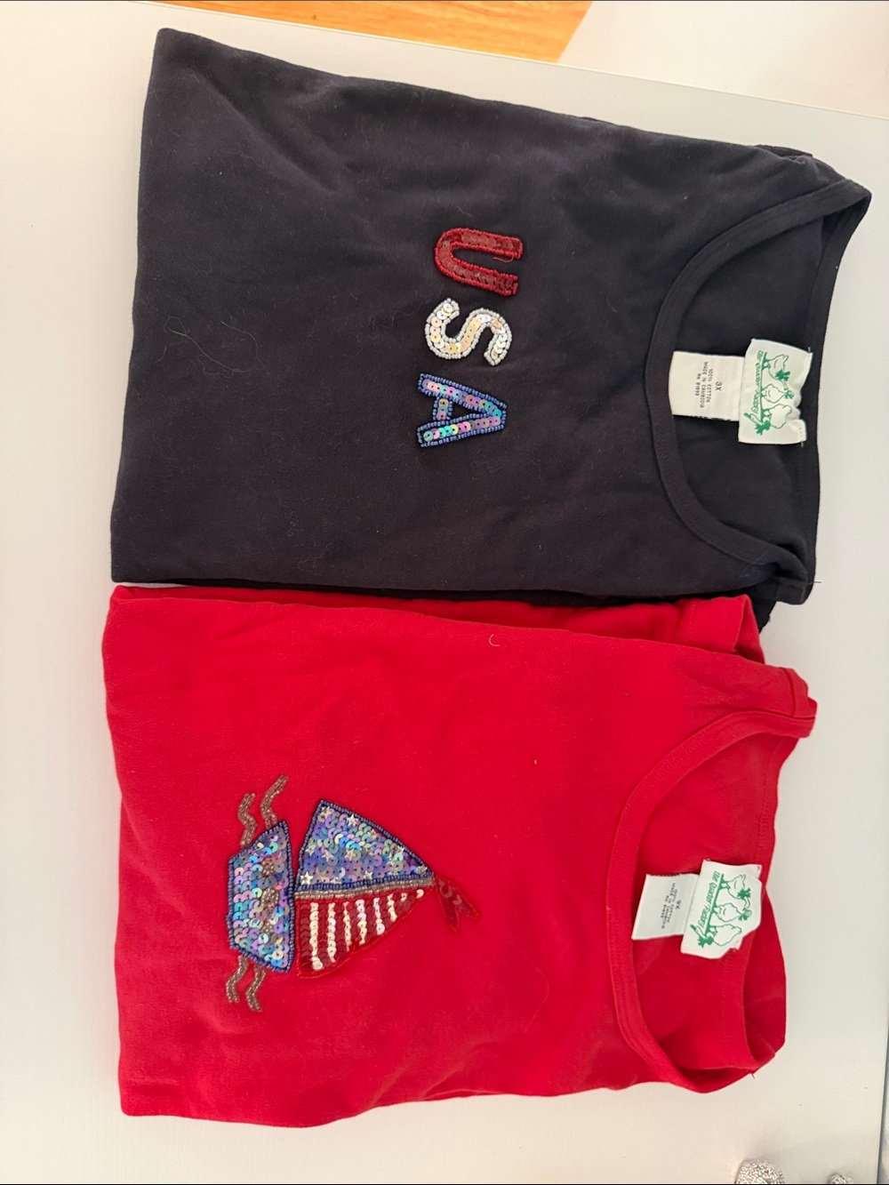 Vintage RARE set of 2 tops Sequin Accent Short Sleeve Tees flags USA